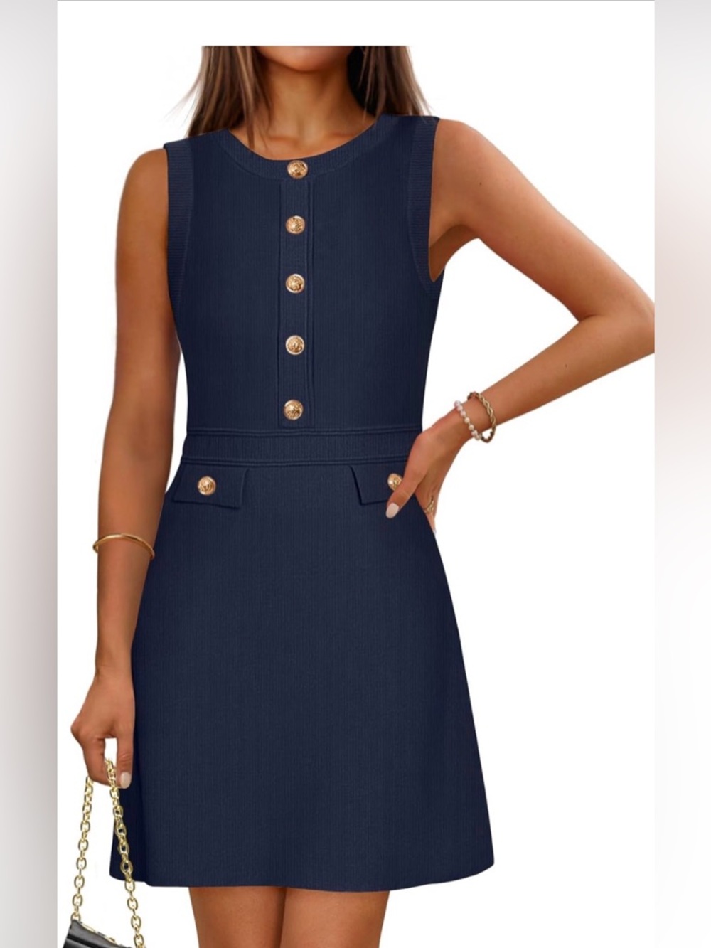 Sleeveless Navy Mini Dress with Gold Buttons